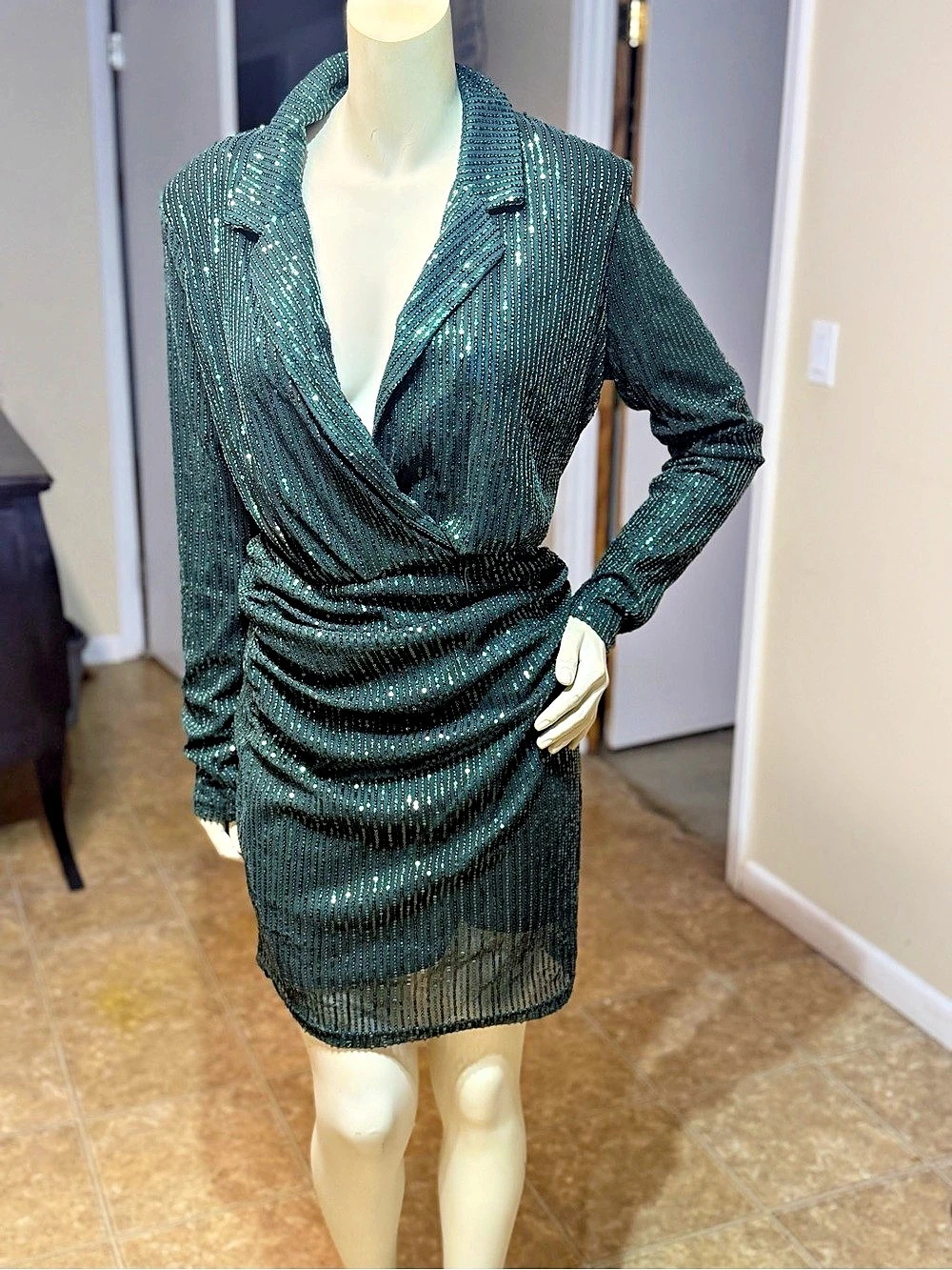 Fashion Nova Sequin Wrap Mini Dress in Green